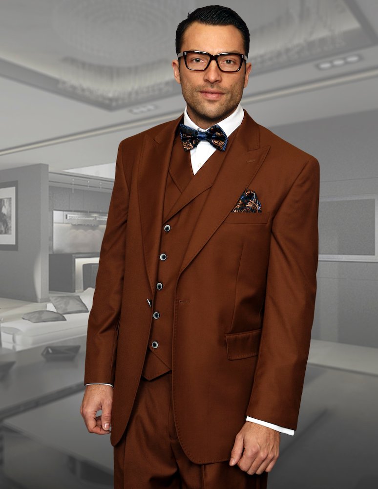 FLORENCE COPPER COLOR CLASSIC 3PC 1 BUTTON SOLID SUIT WITH DOUBLE BREASTED VEST SUPER 180'S EXTRA FINE ITALIAN FABRIC  