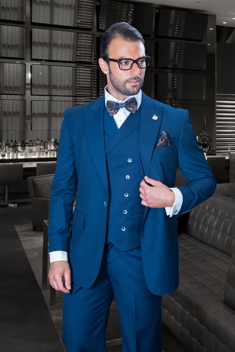 FLORENCE SAPPHIRE COLOR CLASSIC 3PC 1 BUTTON SOLID SUIT WITH DOUBLE BREASTED VEST SUPER 180'S EXTRA FINE ITALIAN FABRIC 