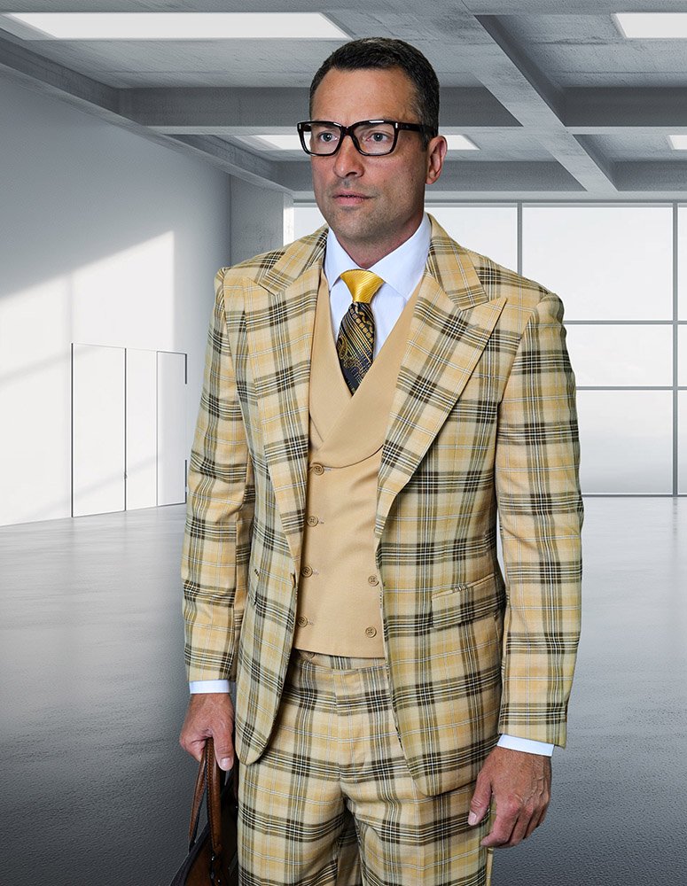 3PC PLAID SUIT WITH SOLID COLOR CONTRAST DOUBLE BREASTED VEST. SUPER 200'S ITALIAN WOOL AND CASHMERE FABRIC. MODERN FIT FLAT FRONT PANTS 
