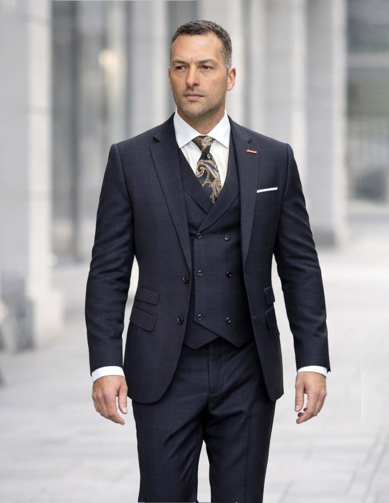  STATEMENT 3PC PLAID SUIT SUPER 200'S ITALIAN WOOL AND CASHMERE. MODERN FIT FLAT FRONT PANTS