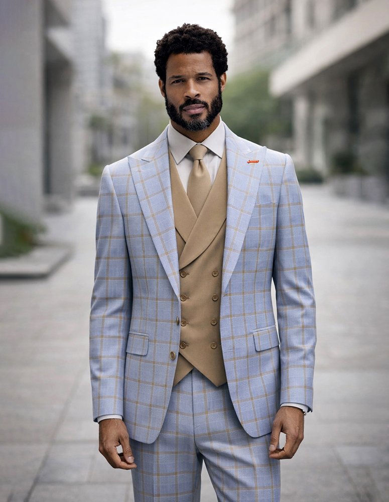 3PC PLAID SUIT WITH SOLID COLOR CONTRAST DOUBLE BREASTED VEST. SUPER 200'S ITALIAN WOOL AND CASHMERE FABRIC. MODERN FIT FLAT FRONT PANTS 