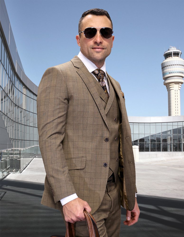 STATEMENT 3PC PLAID SUIT WITH  DOUBLE BREASTED VEST. SUPER 200'S ITALIAN WOOL AND CASHMERE FABRIC. MODERN FIT FLAT FRONT PANTS