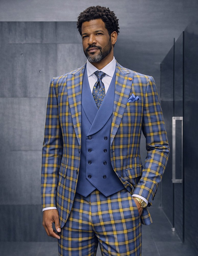 3PC PLAID SUIT WITH SOLID COLOR CONTRAST DOUBLE BREASTED VEST. SUPER 200'S ITALIAN WOOL AND CASHMERE FABRIC. MODERN FIT FLAT FRONT PANTS