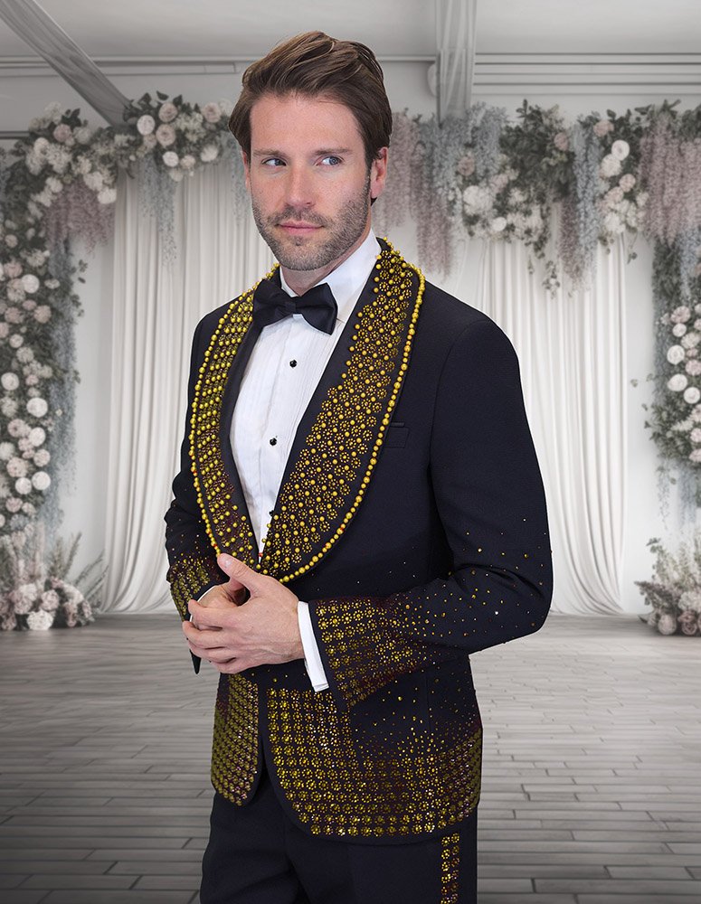 2PC ITALIAN WOOL TUXEDO WITH GOLD STONES. MODERN FIT FLAT FRONT PANTS  
