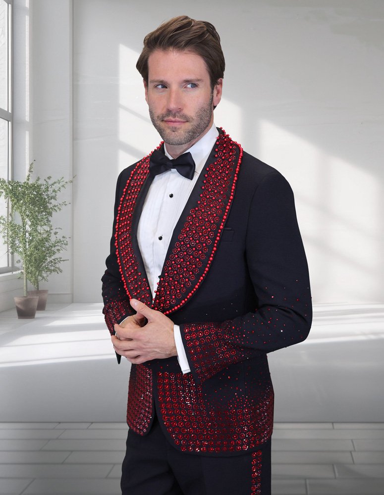 2PC ITALIAN WOOL TUXEDO WITH RED STONES. MODERN FIT FLAT FRONT PANTS 