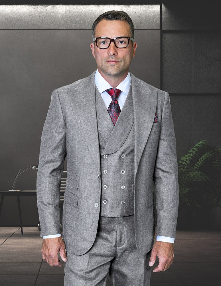 STATEMENT 3PC ITALIAN WOOL SUIT. SUPER 200'S. MODERN FIT FLAT FRONT PANTS