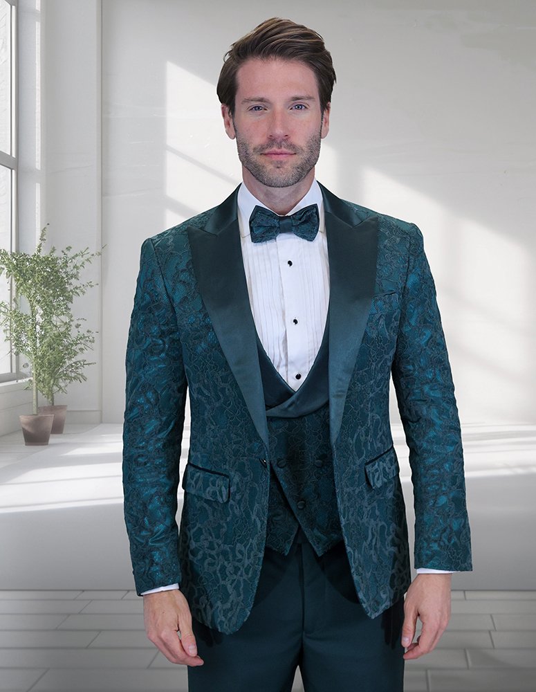 STATEMENT BELLAGIO-15 3PC TAILORED FIT 1 BUTTON MENS HUNTER TUXEDO PEAK LAPEL SUPER 150'S EXTRA FINE ITALIAN FABRIC INCLUDING BOW TIE