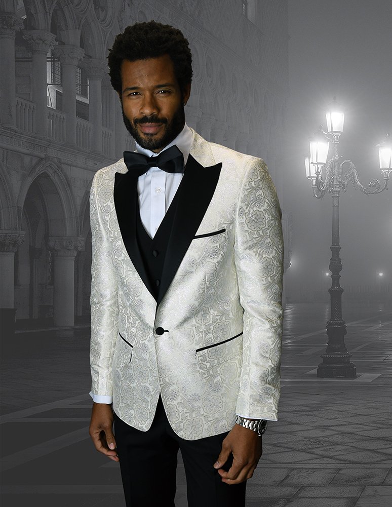 Bellagio-4 OFF WHITE CLASSIC 3PC 1 BUTTON MENS SUIT WITH TRIM ON THE COLLAR SUPER 150'S EXTRA FINE ITALIAN FABRIC 
