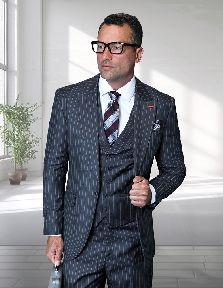 STATEMENT 3PC PINSTRIPE SUIT. MODERN FIT FLAT FRONT PANTS. ITALIAN WOOL FABRIC 