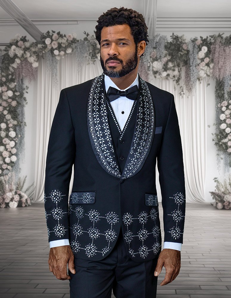 3PC ITALIAN WOOL TUXEDO WITH WHITE STONES. MODERN FIT FLAT FRONT PANTS 
