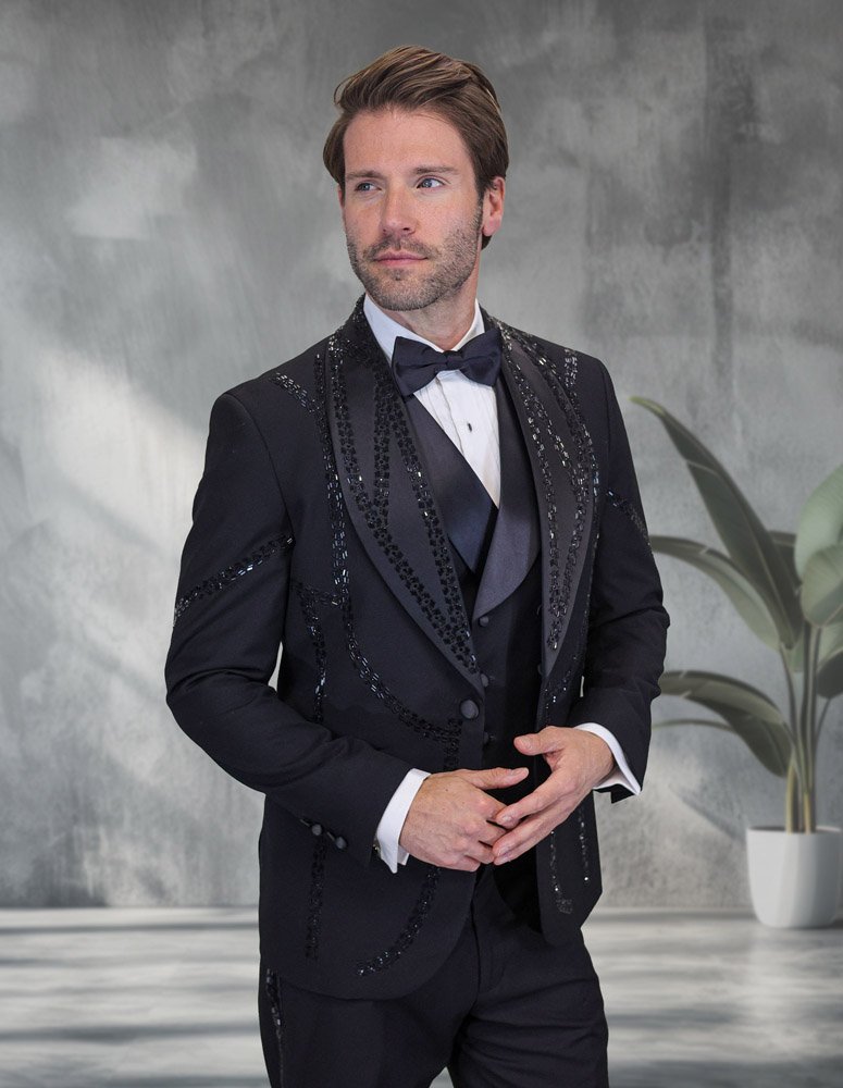 3PC ITALIAN WOOL TUXEDO WITH BLACK STONES. MODERN FIT FLAT FRONT PANTS  