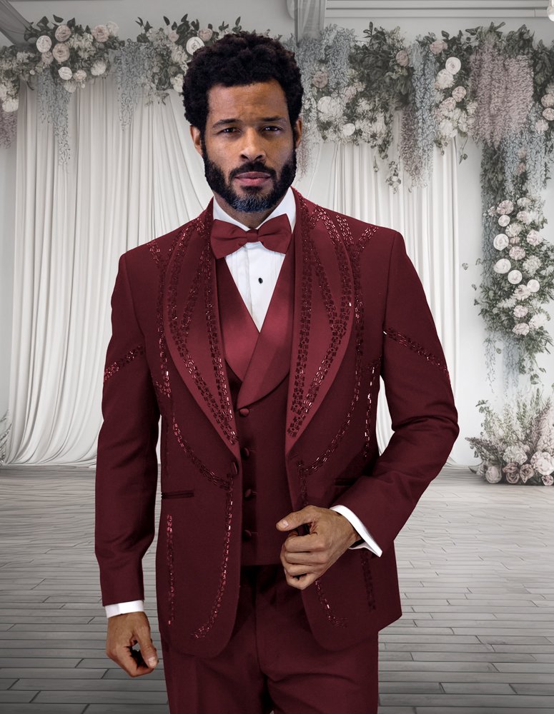 3PC ITALIAN WOOL TUXEDO WITH BURGUNDY STONES. MODERN FIT FLAT FRONT PANTS