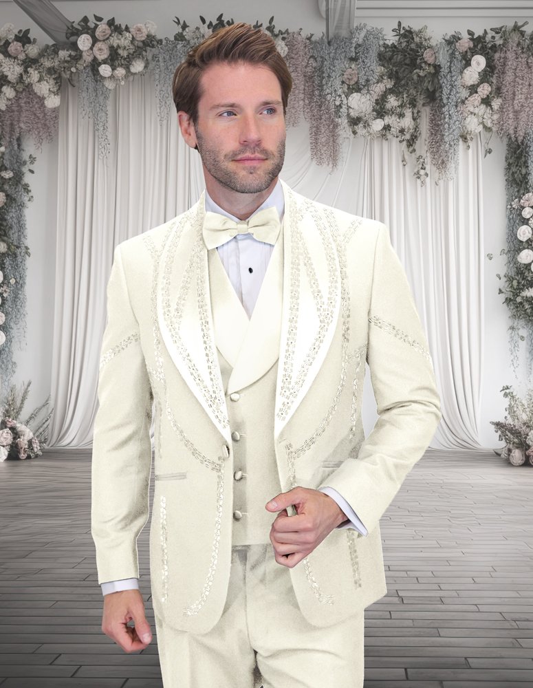 3PC ITALIAN WOOL TUXEDO WITH OFFWHITE STONES. MODERN FIT FLAT FRONT PANTS