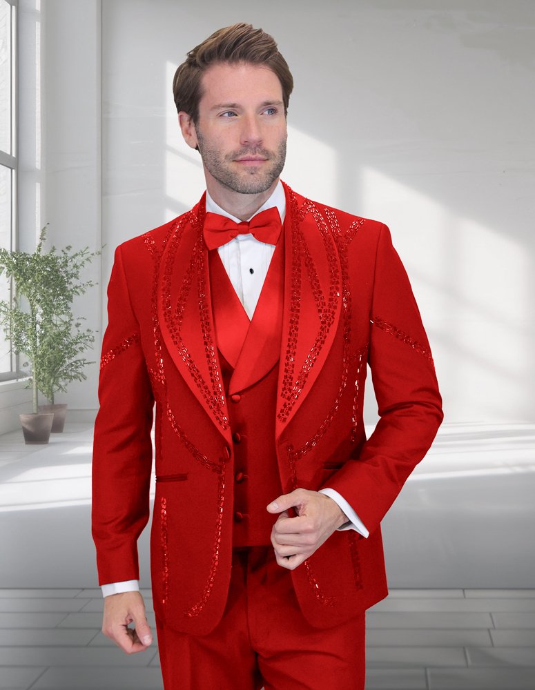 3PC ITALIAN WOOL TUXEDO WITH RED STONES. MODERN FIT FLAT FRONT PANTS