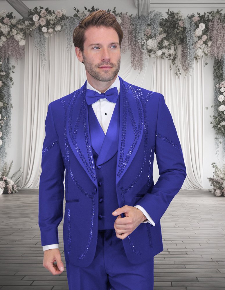 3PC ITALIAN WOOL TUXEDO WITH ROYAL STONES. MODERN FIT FLAT FRONT PANTS 