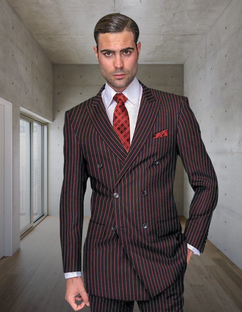 2PC BLACK-RED BOLD PINSTRIPE DOUBLE BREASTED SUIT