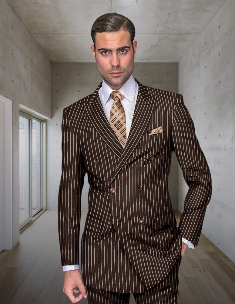 2PC BROWN BOLD PINSTRIPE DOUBLE BREASTED SUIT