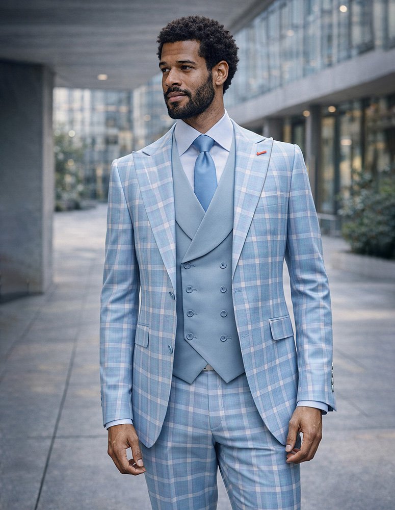 3PC PLAID SUIT WITH SOLID COLOR CONTRAST DOUBLE BREASTED VEST. SUPER 200'S ITALIAN WOOL AND CASHMERE FABRIC. MODERN FIT FLAT FRONT PANTS