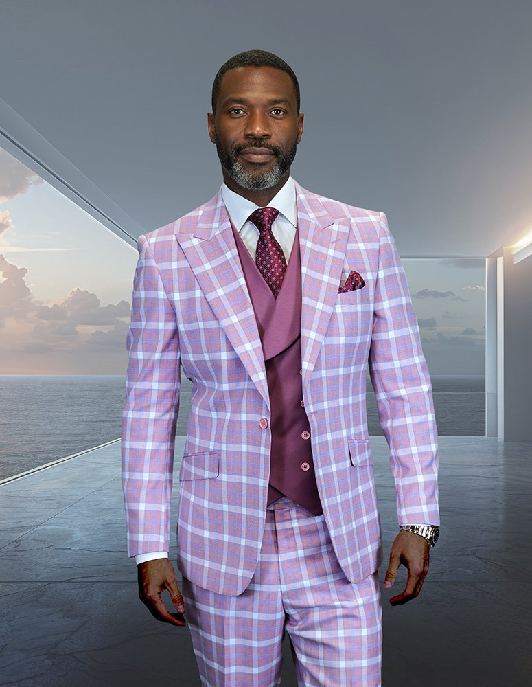 3PC PLAID SUIT WITH SOLID COLOR CONTRAST DOUBLE BREASTED VEST. SUPER 200'S ITALIAN WOOL AND CASHMERE FABRIC. MODERN FIT FLAT FRONT PANTS