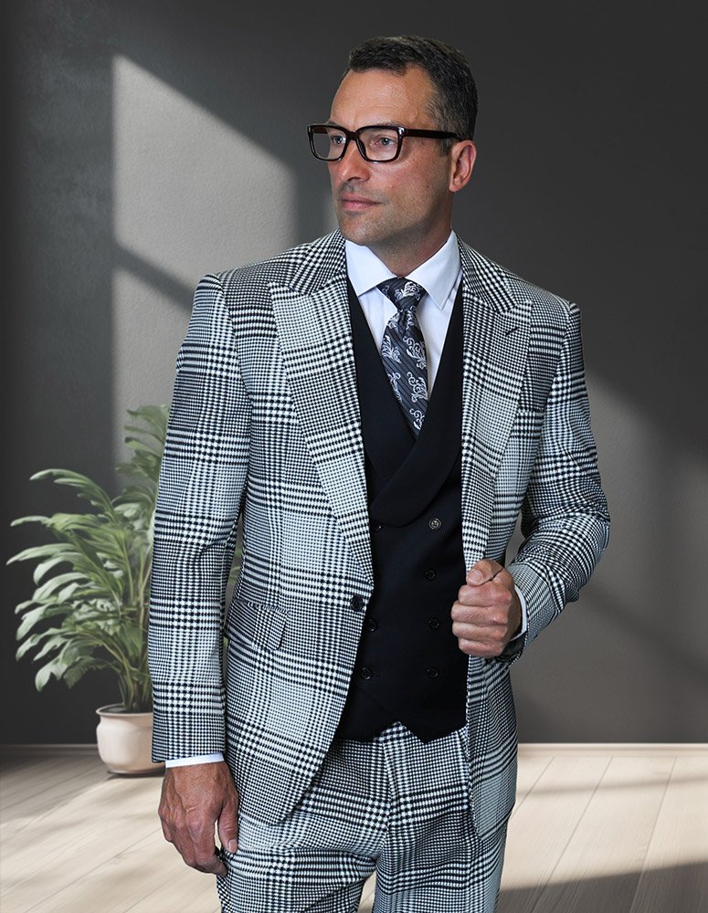 3PC PLAID SUIT WITH SOLID COLOR CONTRAST DOUBLE BREASTED VEST. SUPER 200'S ITALIAN WOOL AND CASHMERE FABRIC. MODERN FIT FLAT FRONT PANTS 