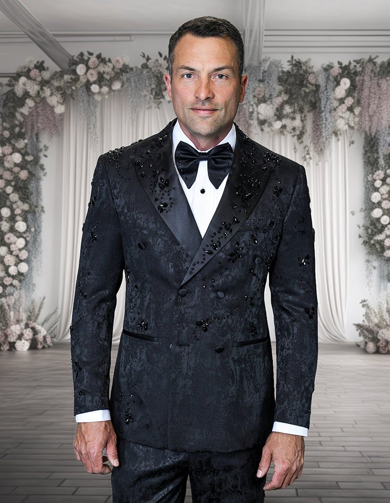 2PC ITALIAN WOOL DOUBLE BREASTED TUXEDO WITH BLACK STONES. MODERN FIT FLAT FRONT PANTS