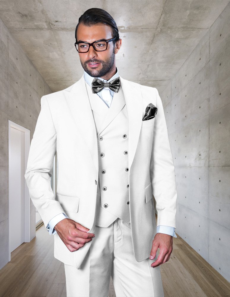 FLORENCE WHITE COLOR CLASSIC 3PC 1 BUTTON SOLID SUIT WITH DOUBLE BREASTED VEST SUPER 180'S EXTRA FINE ITALIAN FABRIC   