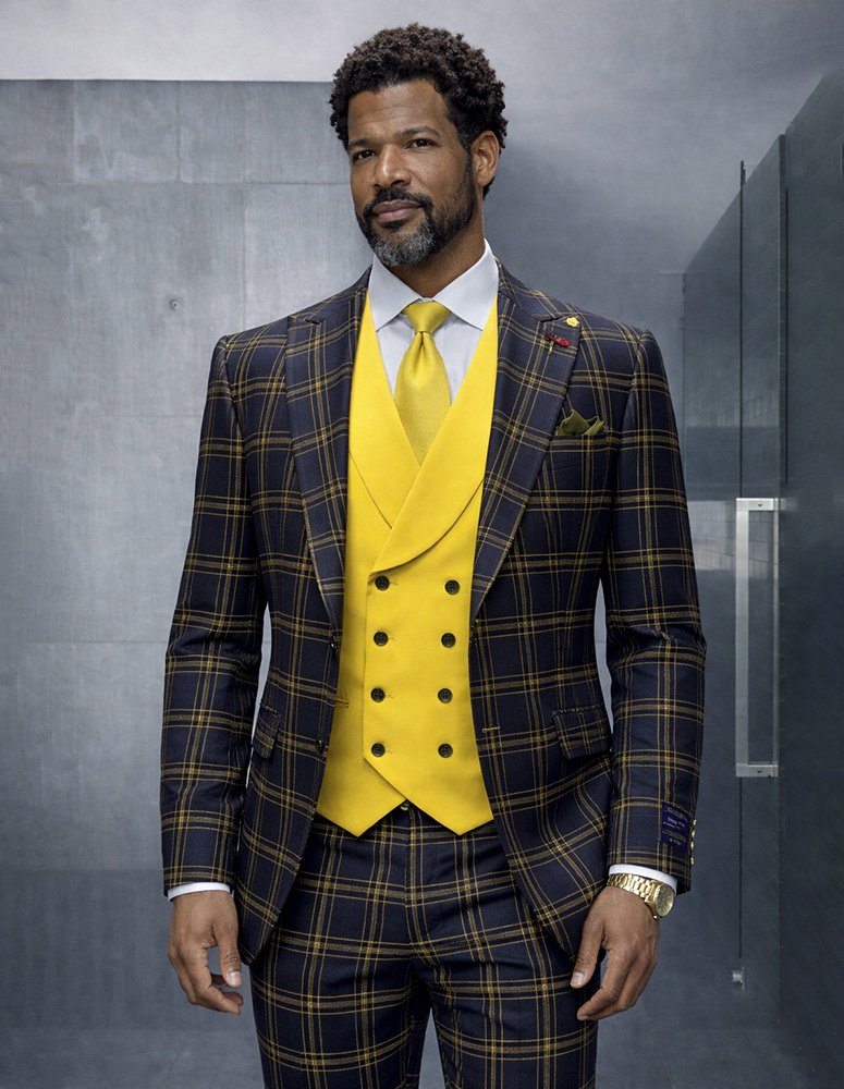 3PC PLAID SUIT WITH SOLID COLOR CONTRAST DOUBLE BREASTED VEST. SUPER 200'S ITALIAN WOOL AND CASHMERE FABRIC. MODERN FIT FLAT FRONT PANTS