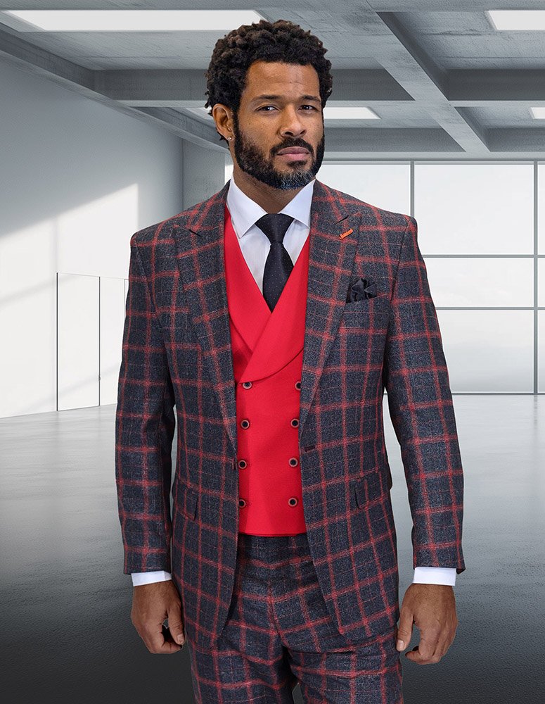 3PC PLAID SUIT WITH SOLID COLOR CONTRAST DOUBLE BREASTED VEST. SUPER 200'S ITALIAN WOOL AND CASHMERE FABRIC. MODERN FIT FLAT FRONT PANTS