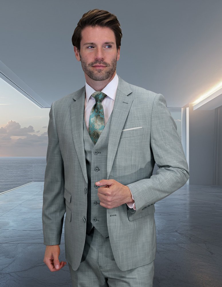 LARZO AQUA 3PC SHARKSKIN ITALIAN WOOL SUIT