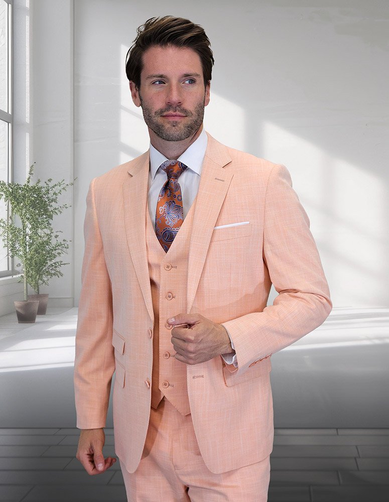 LARZO PEACH 3PC SHARKSKIN ITALIAN WOOL SUIT 