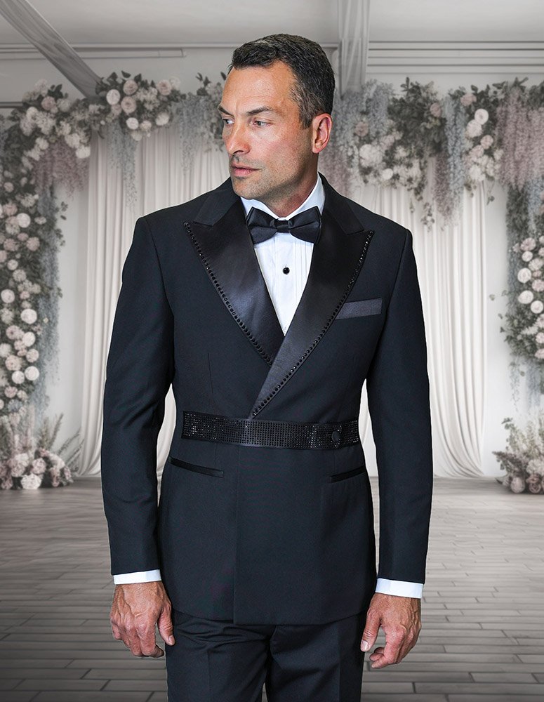 2PC ITALIAN WOOL DOUBLE BREASTED TUXEDO WITH BLACK STONES. MODERN FIT FLAT FRONT PANTS