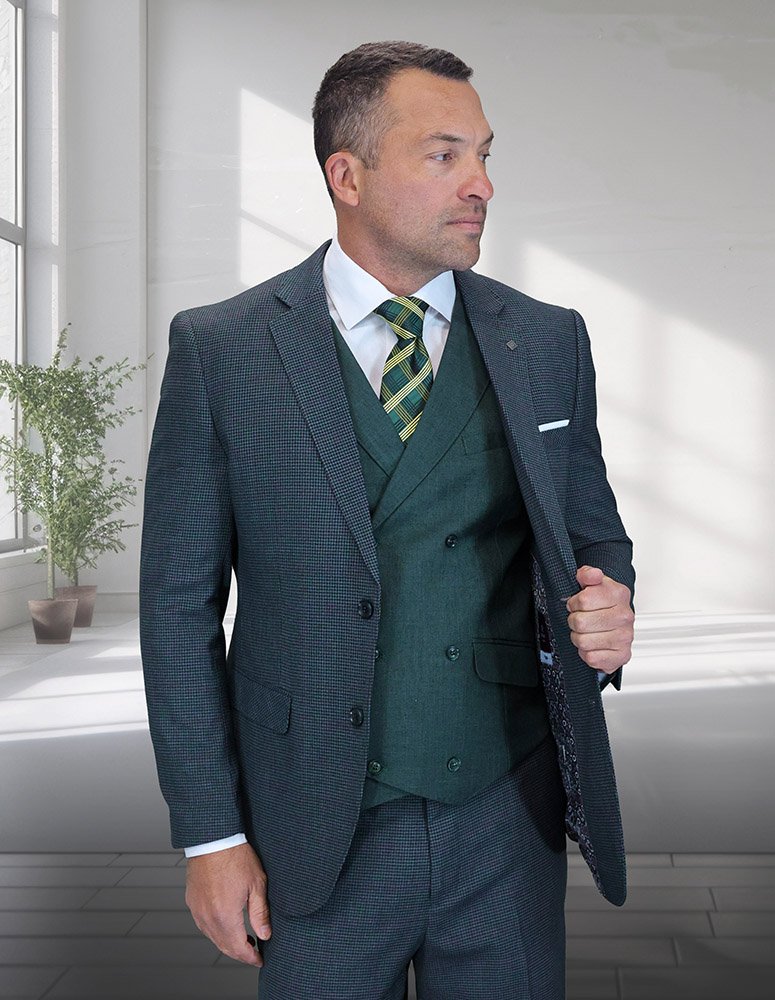 STATEMENT 3PC ITALIAN WOOL SUIT. SUPER 200'S. MODERN FIT FLAT FRONT PANTS