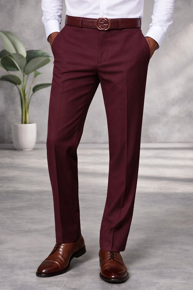 BURGUNDY ITALIAN FLAT FRONT MENS WOOL DRESS PANTS HAND TAILORED 
