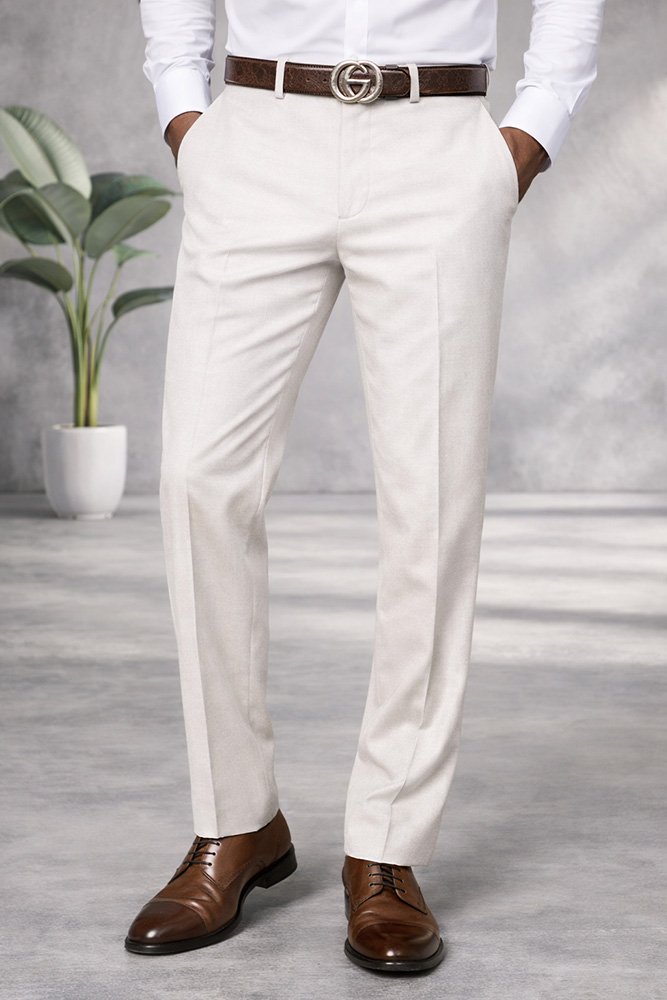 OFFWHITE ITALIAN FLAT FRONT MENS WOOL DRESS PANTS HAND TAILORED