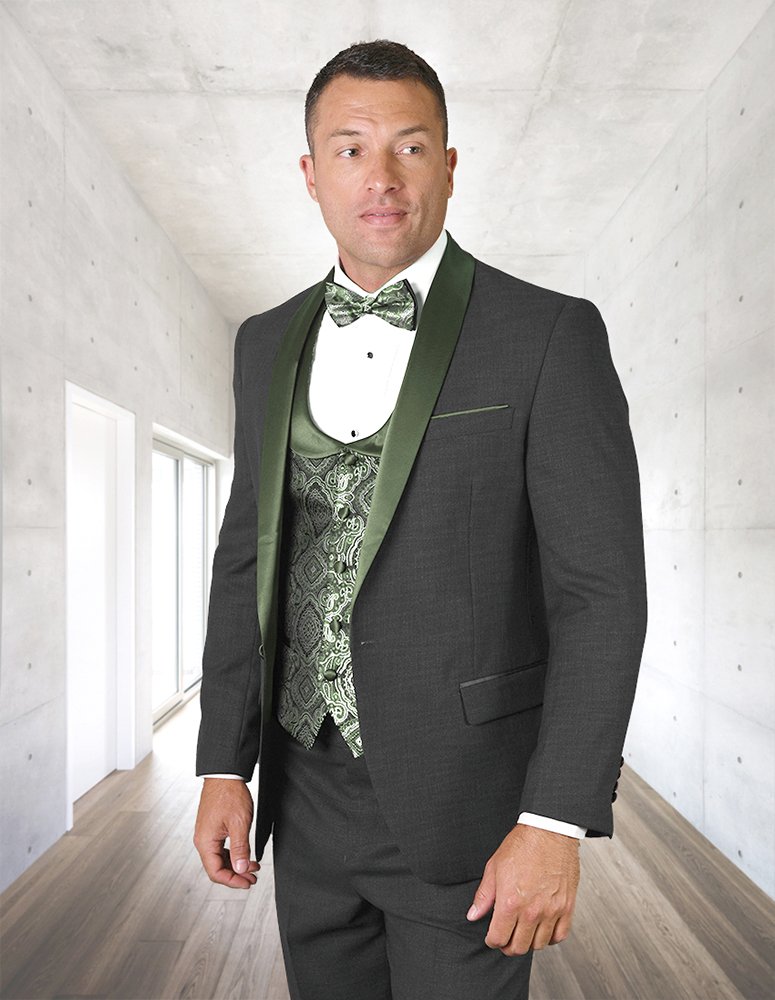 STATEMENT 3PC HUNTER SHAWL LAPEL TUXEDO SUIT WITH FLAT FRONT PANTS INCLUDING MATCHING BOWTIE 