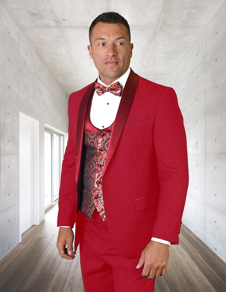 STATEMENT 3PC RED SHAWL LAPEL TUXEDO SUIT WITH FLAT FRONT PANTS INCLUDING MATCHING BOWTIE  