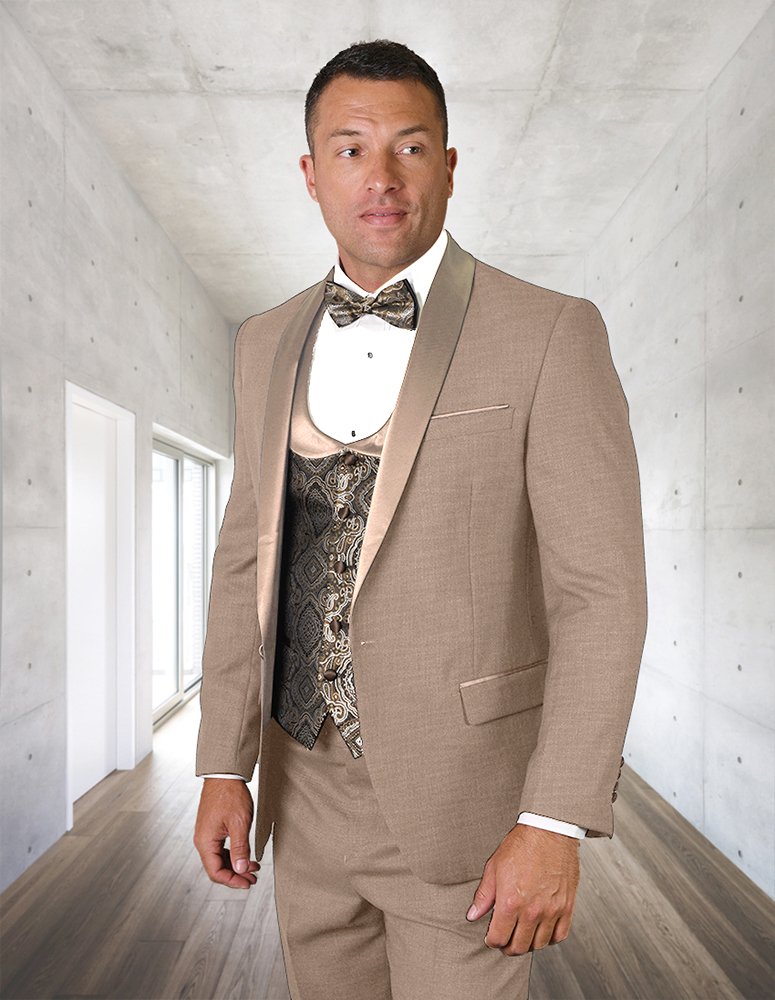 STATEMENT 3PC TAN SHAWL LAPEL TUXEDO SUIT WITH FLAT FRONT PANTS INCLUDING MATCHING BOWTIE  