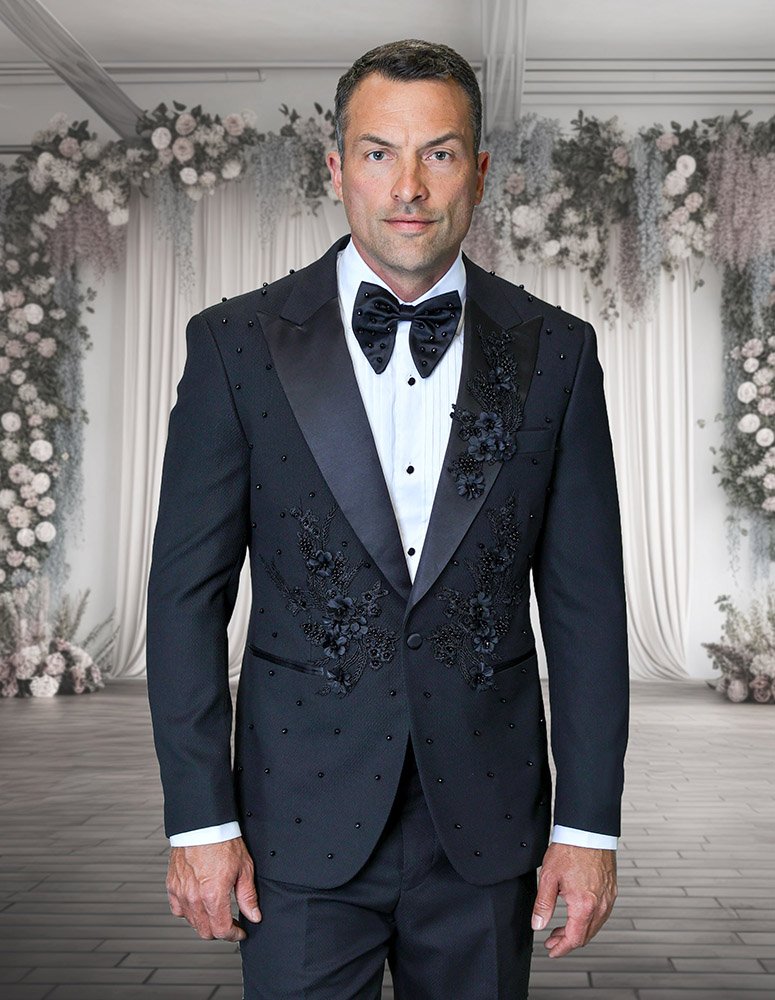 2PC ITALIAN WOOL LUXURY TUXEDO WITH BLACK STONES. MODERN FIT FLAT FRONT PANTS 