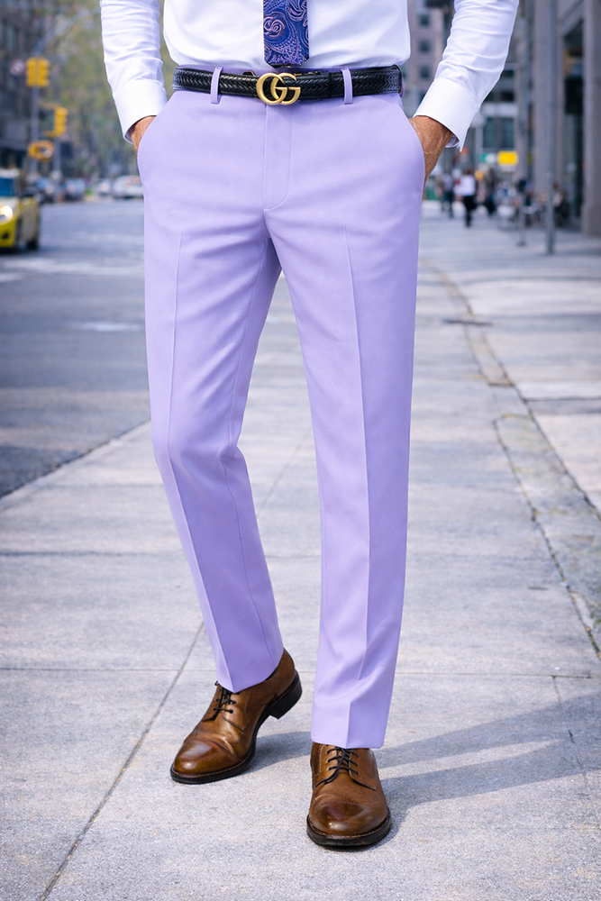 SLIM FIT LAVENDER ITALIAN FLAT FRONT MENS WOOL DRESS PANTS HAND TAILORED