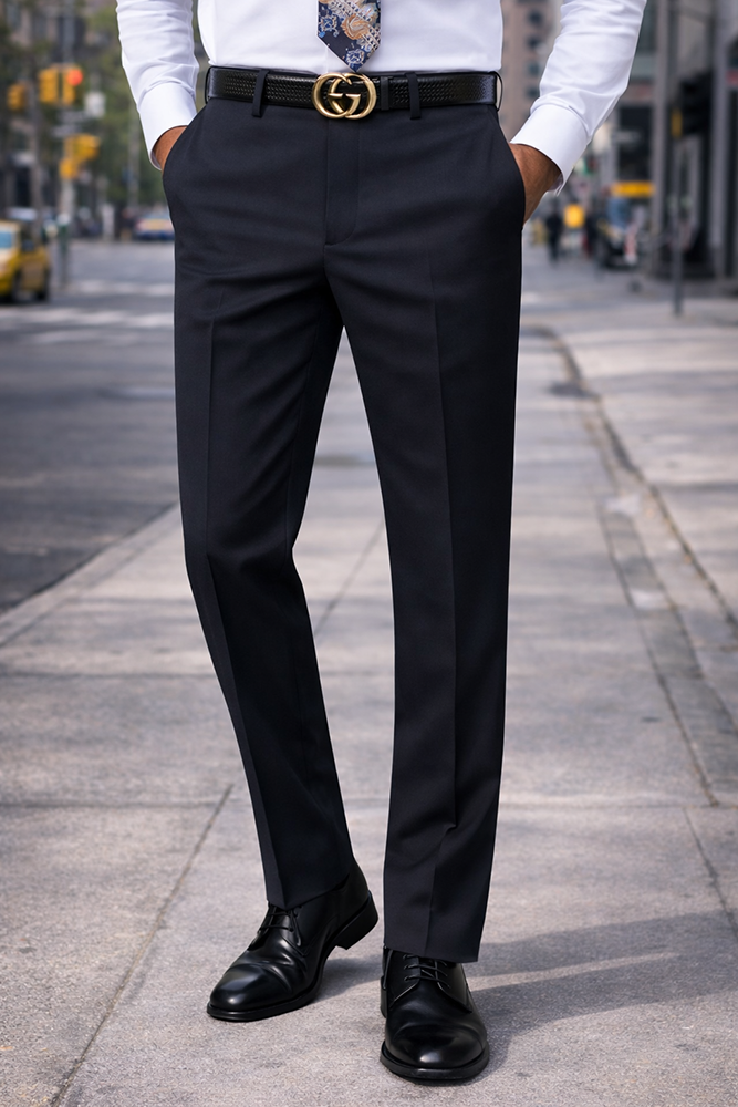 SLIM FIT BLACK ITALIAN FLAT FRONT MENS WOOL DRESS PANTS HAND TAILORED 