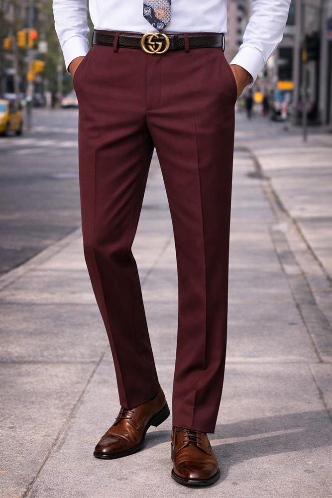 SLIM FIT BURGUNDY ITALIAN FLAT FRONT MENS WOOL DRESS PANTS HAND TAILORED 