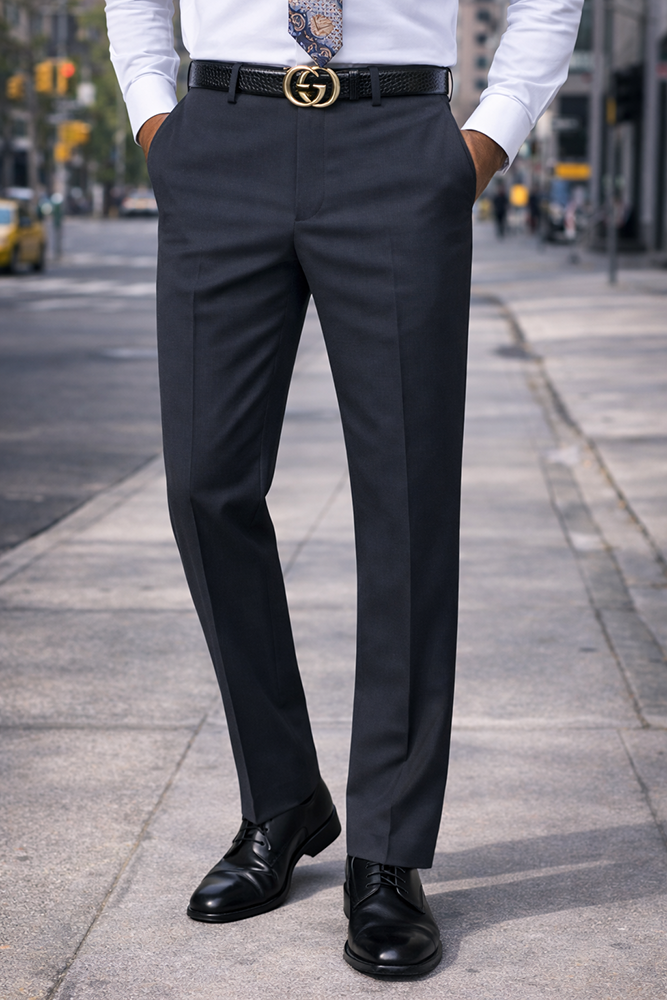 SLIM FIT CHARCOAL ITALIAN FLAT FRONT MENS WOOL DRESS PANTS HAND TAILORED  