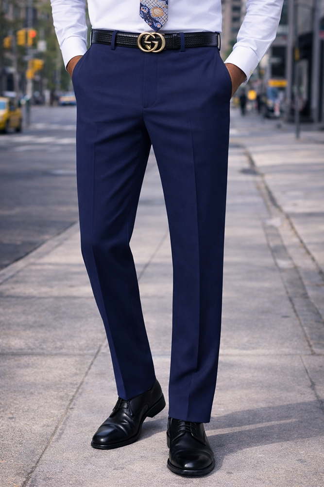 SLIM FIT NAVY ITALIAN FLAT FRONT MENS WOOL DRESS PANTS HAND TAILORED  