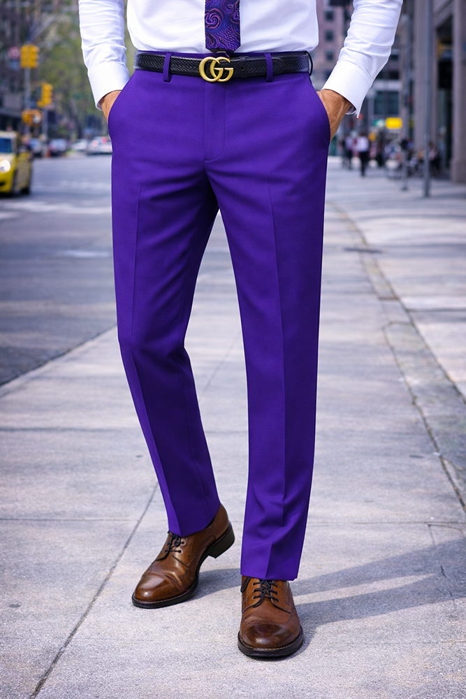 SLIM FIT PURPLE ITALIAN FLAT FRONT MENS WOOL DRESS PANTS HAND TAILORED