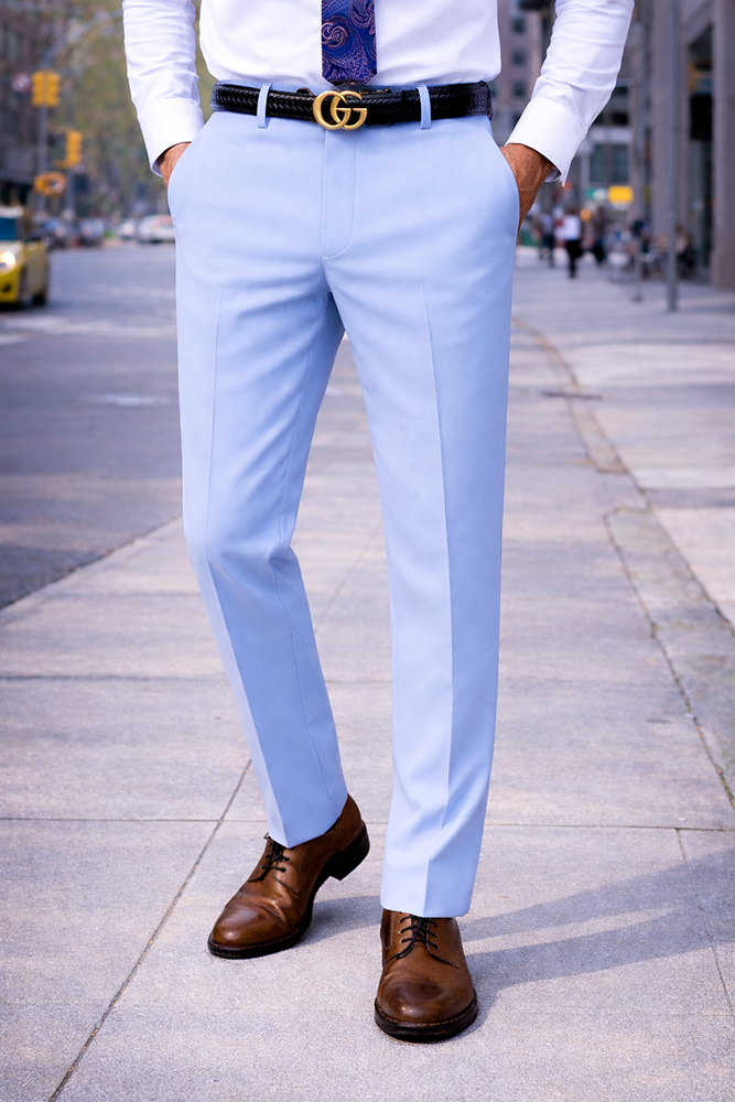 SLIM FIT SKY-BLUE ITALIAN FLAT FRONT MENS WOOL DRESS PANTS HAND TAILORED