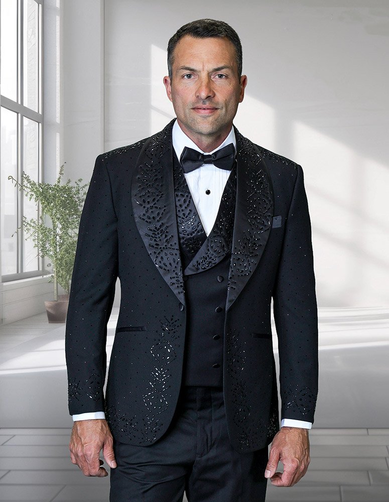 3PC ITALIAN WOOL LUXURY TUXEDO WITH BLACK STONES. MODERN FIT FLAT FRONT PANTS