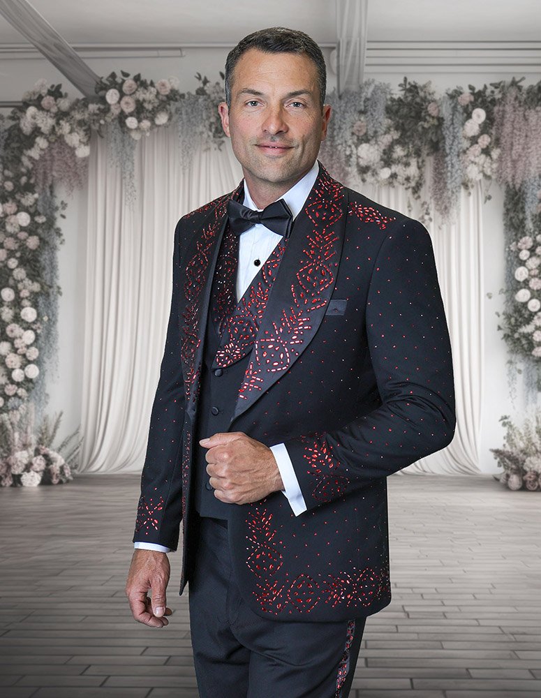 3PC ITALIAN WOOL LUXURY TUXEDO WITH RED STONES. MODERN FIT FLAT FRONT PANTS 