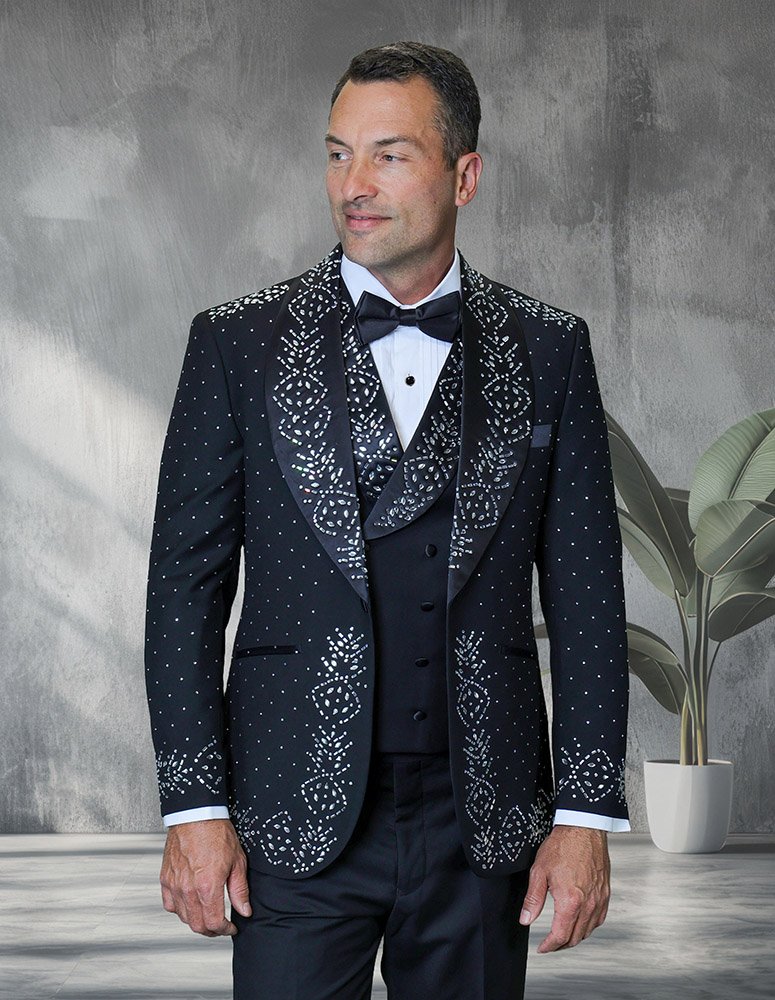 3PC ITALIAN WOOL LUXURY TUXEDO WITH WHITE STONES. MODERN FIT FLAT FRONT PANTS