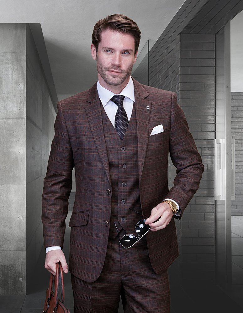  STATEMENT 3PC COPPER PLAID SUIT SUPER 200'S ITALIAN WOOL AND CASHMERE. MODERN FIT FLAT FRONT PANTS