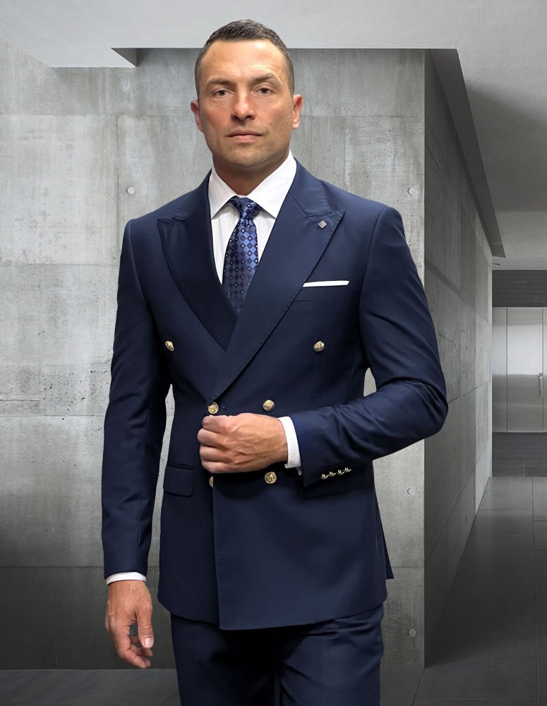 2PC ITALIAN NAVY DOUBLE BREASTED SUIT WITH GOLD BUTTONS MODERN FIT. FLAT FRONT PANTS SUPER 180'S ITALIAN WOOL FABRIC 